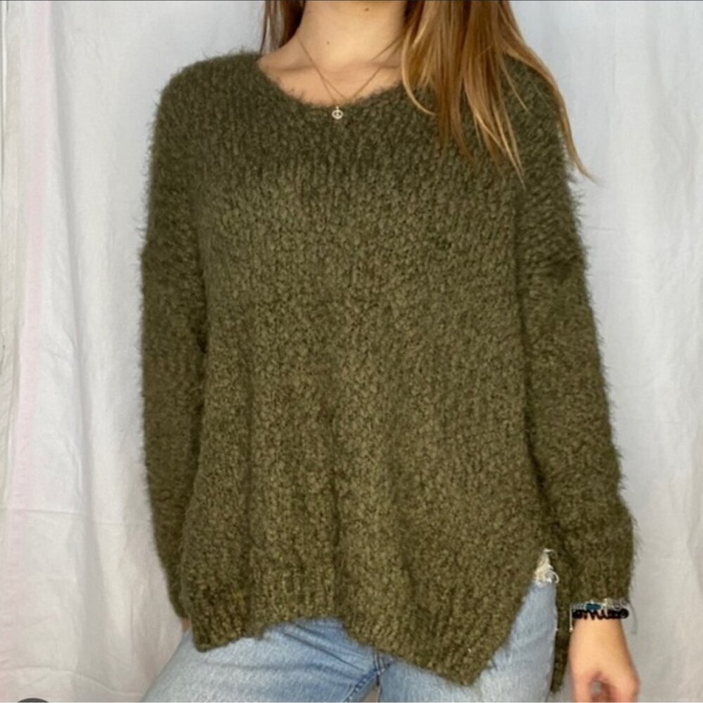 Altar'd State Olive Green Oversized V-neck Fuzzy Knit Sweater